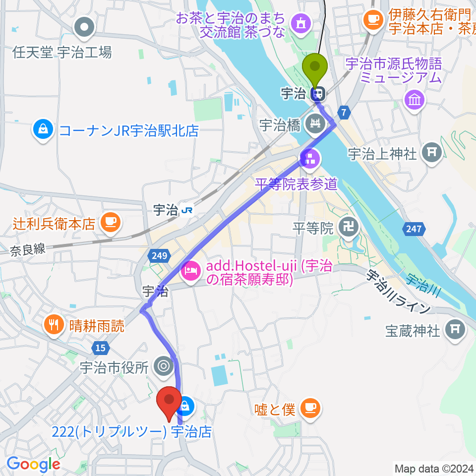 宇治駅からFMうじへのルートマップ地図