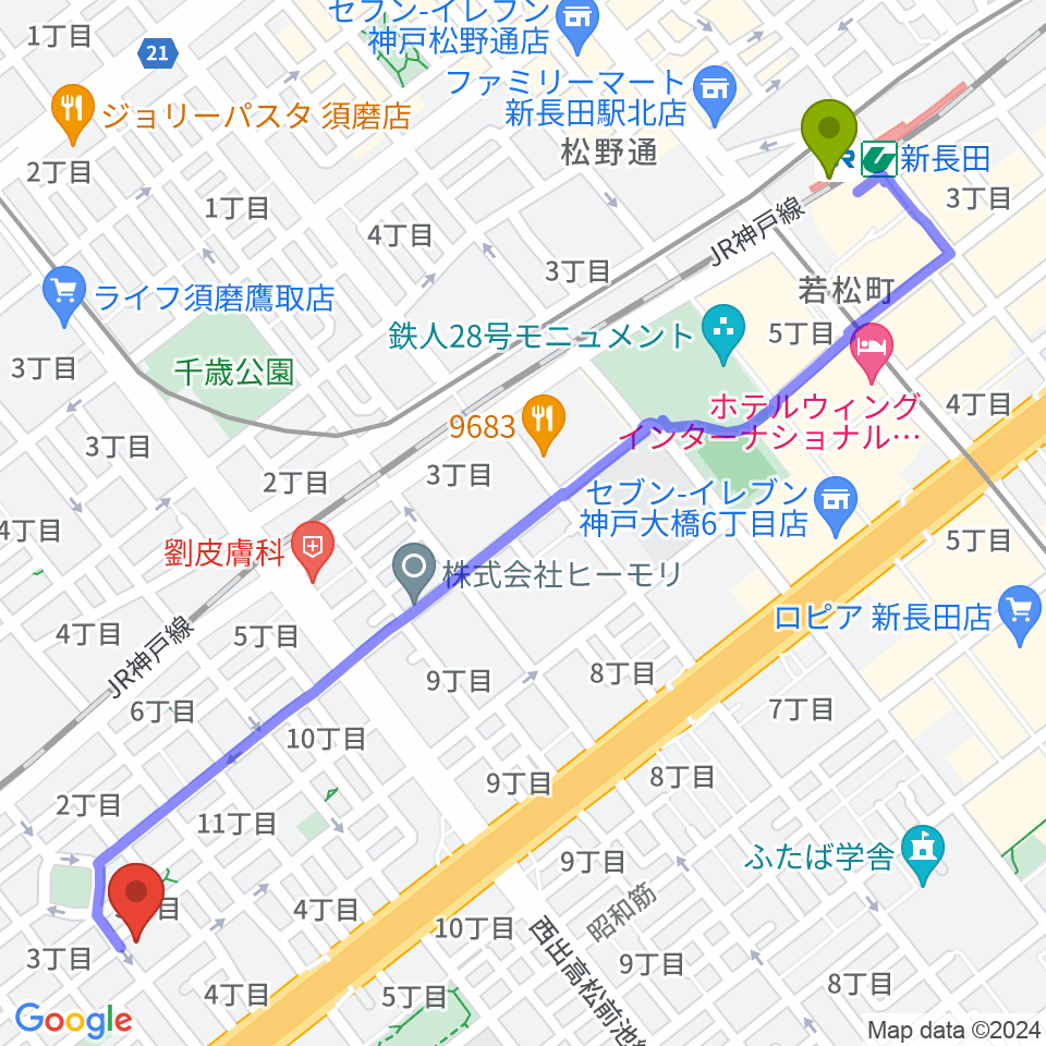 新長田駅からFMわぃわぃ FMYYへのルートマップ地図