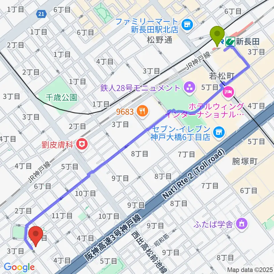 新長田駅からFMわぃわぃ FMYYへのルートマップ地図