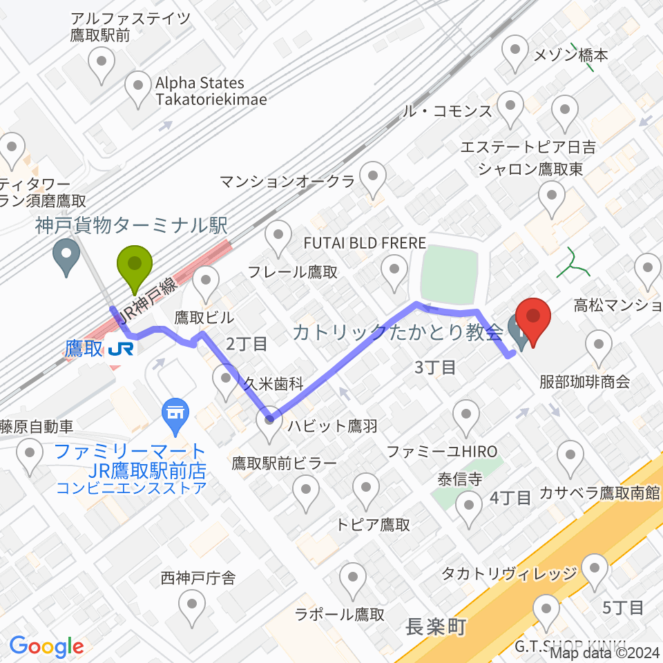 FMわぃわぃ FMYYの最寄駅鷹取駅からの徒歩ルート（約5分）地図