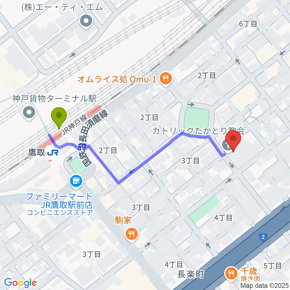 FMわぃわぃ FMYYの最寄駅鷹取駅からの徒歩ルート（約5分）地図
