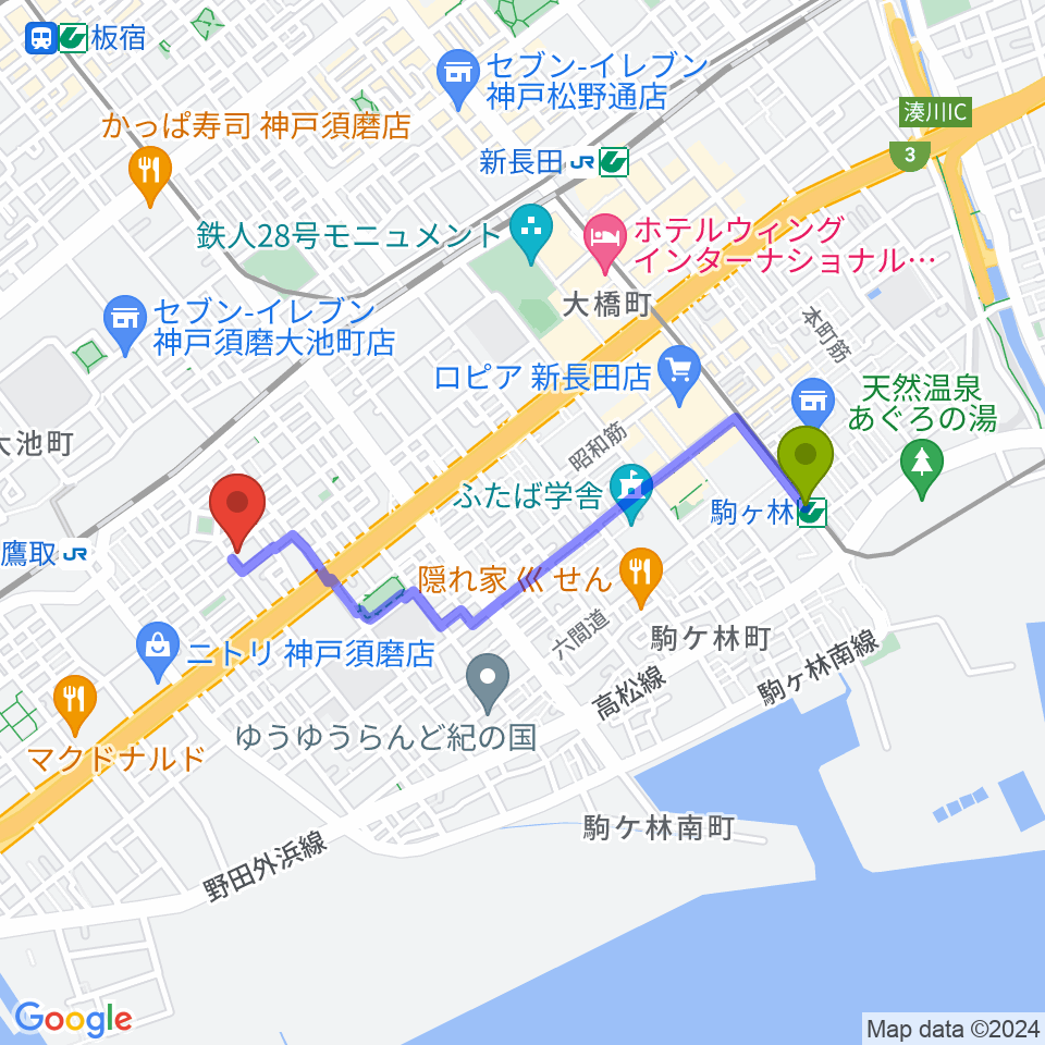 駒ヶ林駅からFMわぃわぃ FMYYへのルートマップ地図