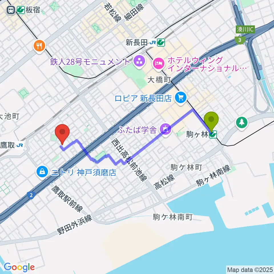駒ヶ林駅からFMわぃわぃ FMYYへのルートマップ地図