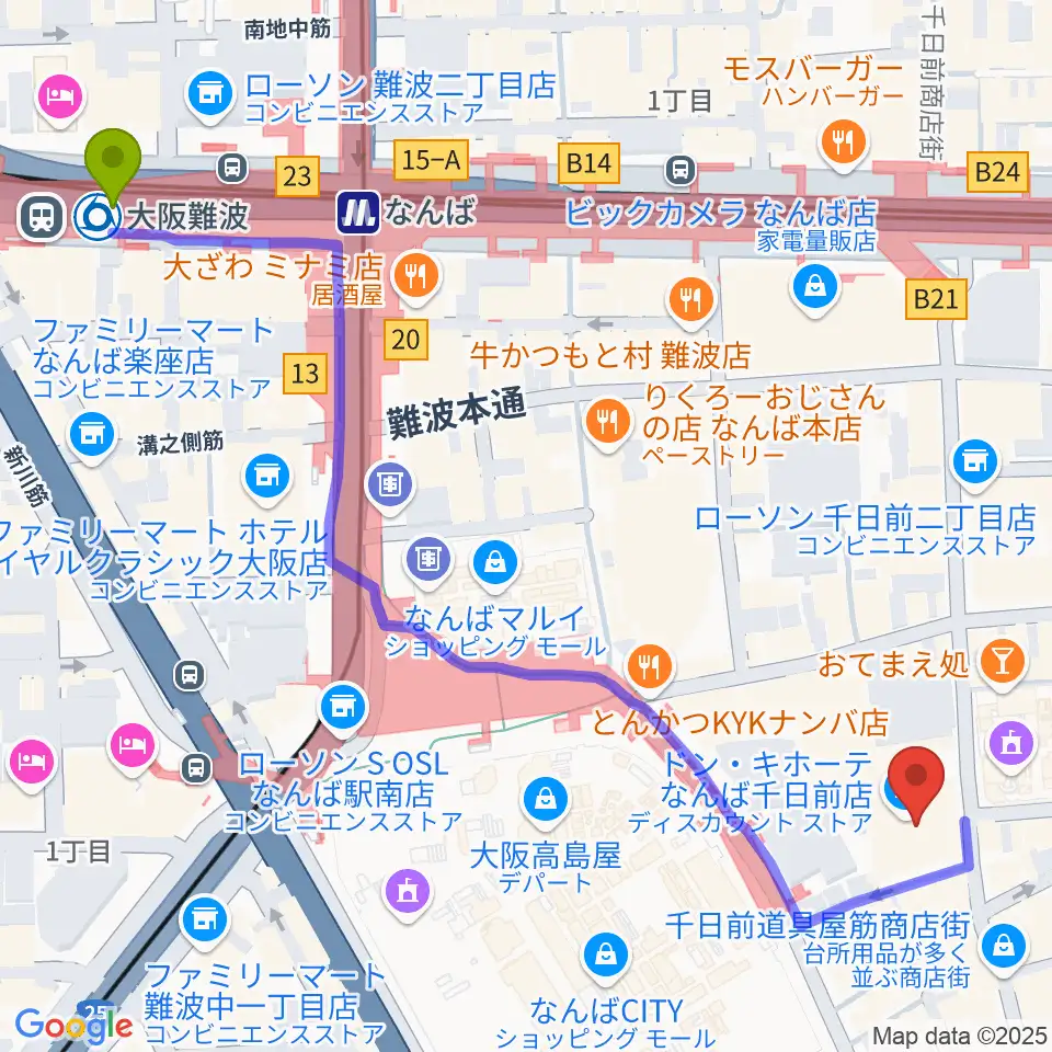 大阪難波駅からYES-fmへのルートマップ地図