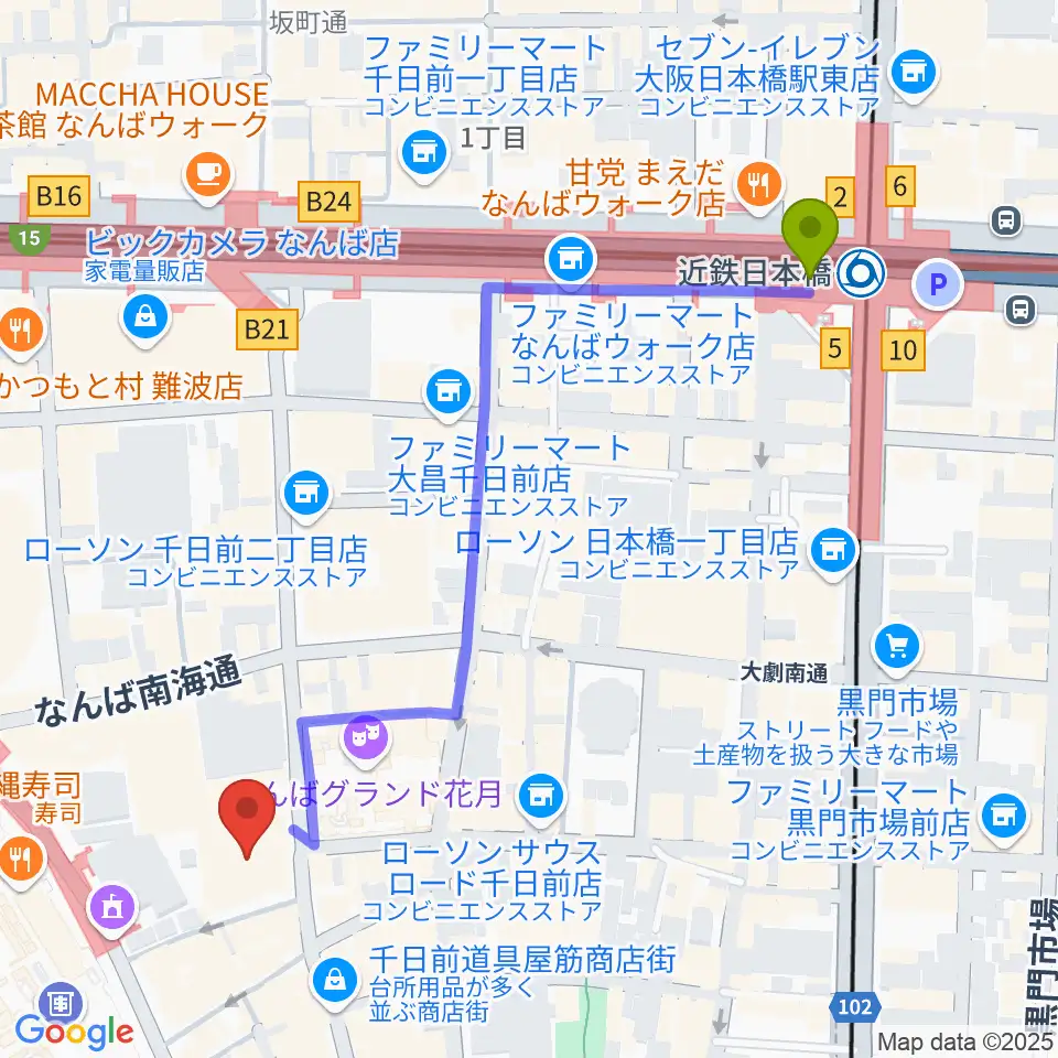 近鉄日本橋駅からYES-fmへのルートマップ地図