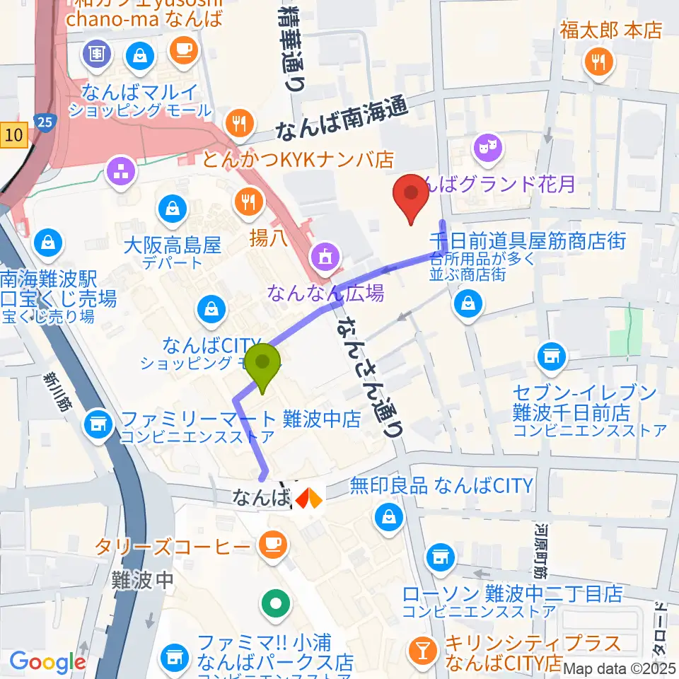 YES-fmの最寄駅難波駅からの徒歩ルート（約3分）地図