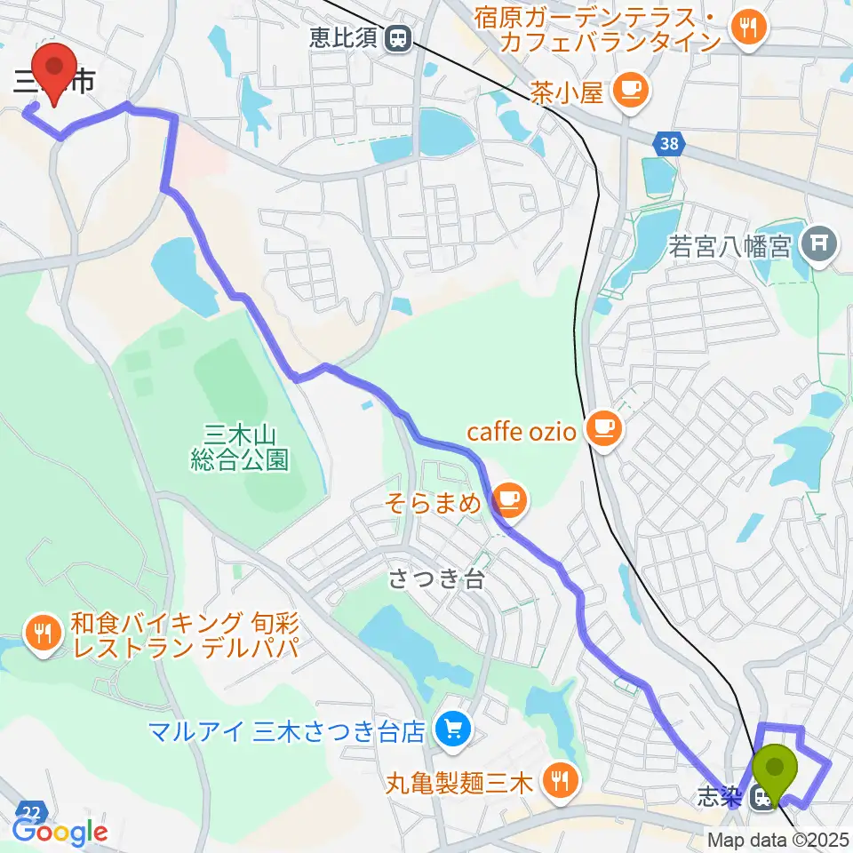 志染駅からエフエムみっきぃへのルートマップ地図