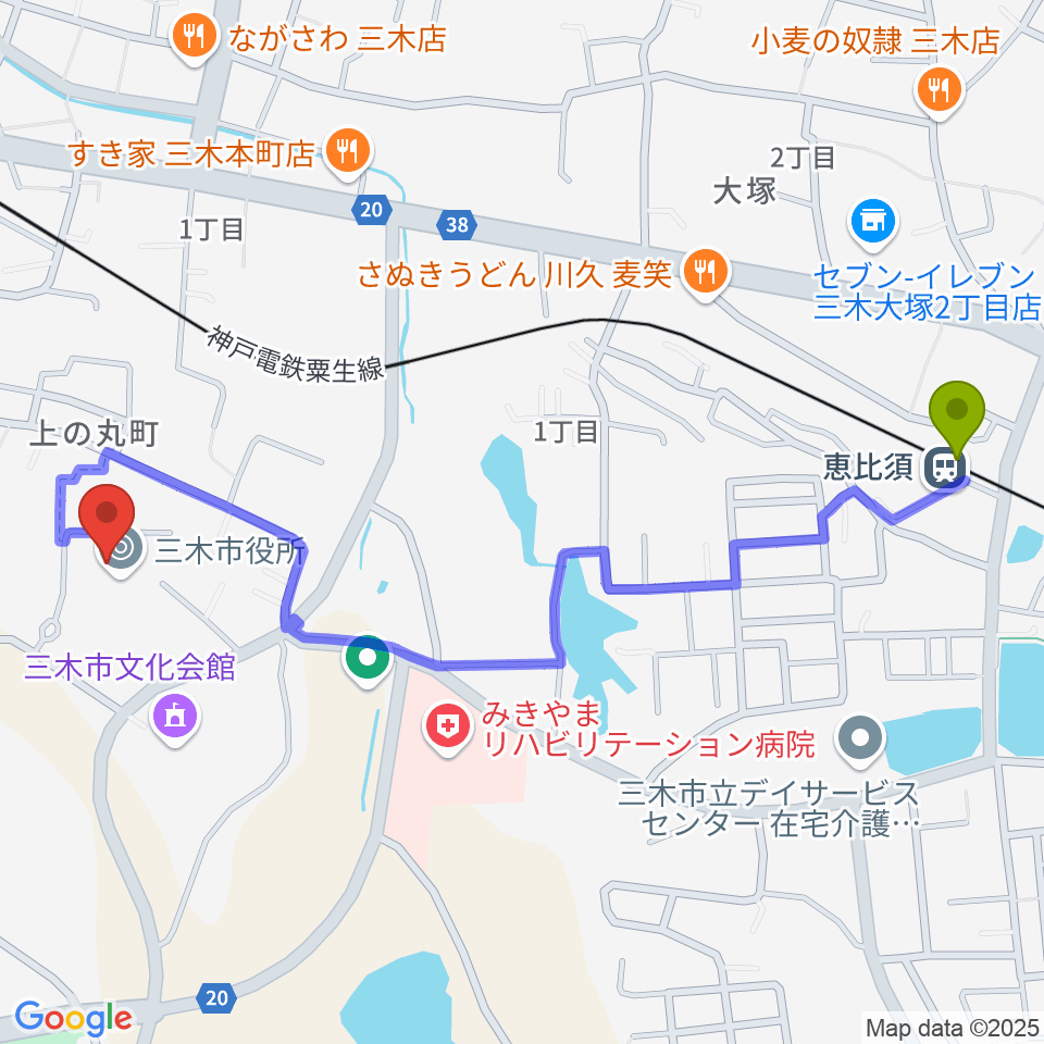 恵比須駅からエフエムみっきぃへのルートマップ地図