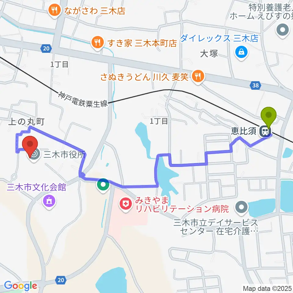 恵比須駅からエフエムみっきぃへのルートマップ地図