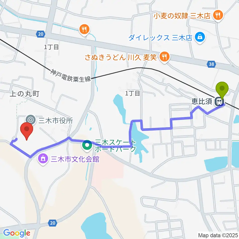 恵比須駅からエフエムみっきぃへのルートマップ地図