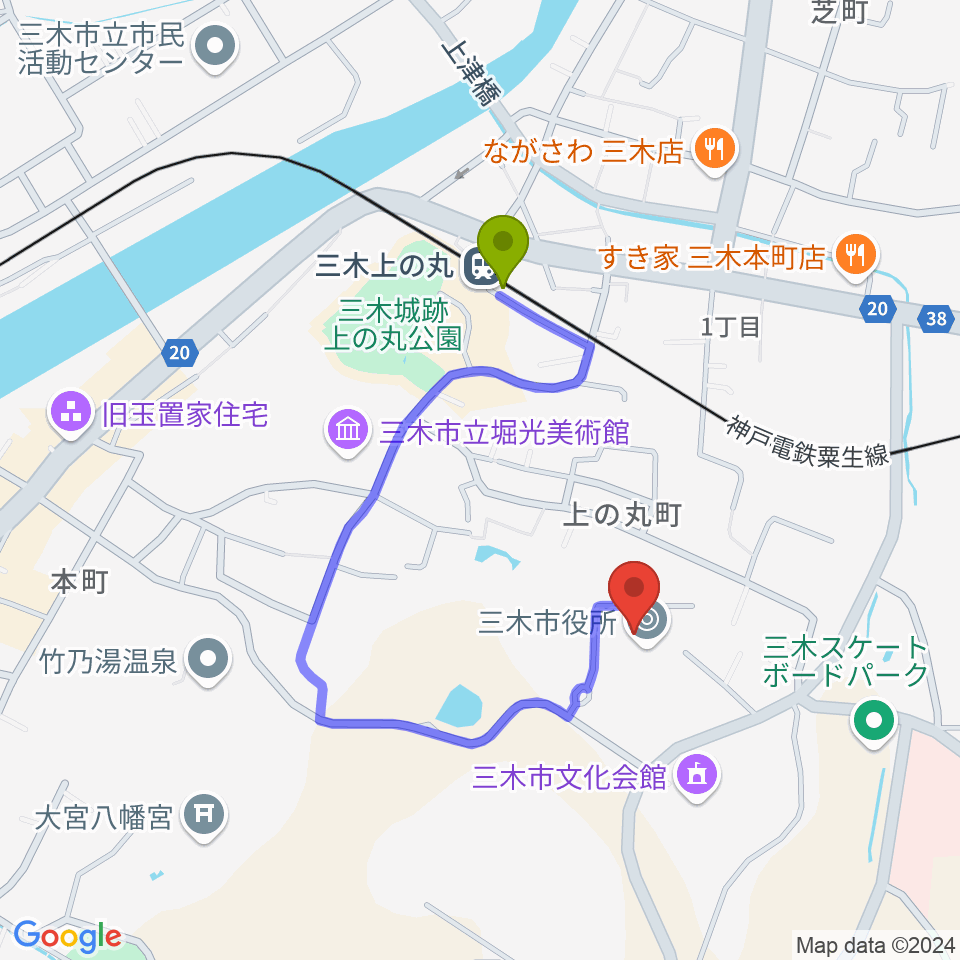 エフエムみっきぃの最寄駅三木上の丸駅からの徒歩ルート（約6分）地図