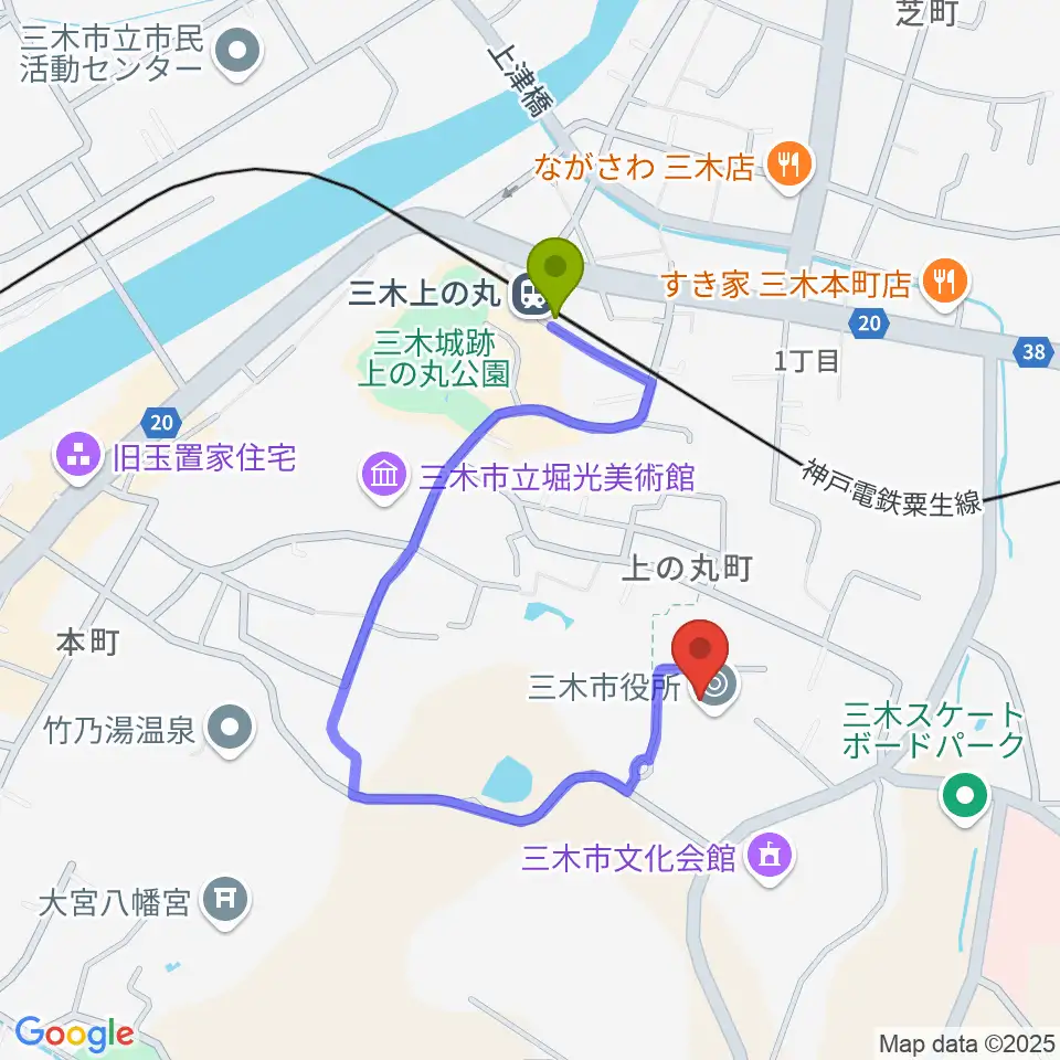 エフエムみっきぃの最寄駅三木上の丸駅からの徒歩ルート（約6分）地図