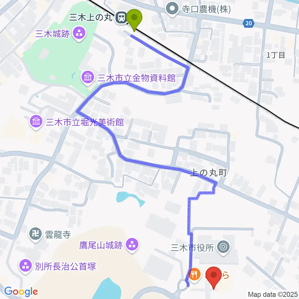 エフエムみっきぃの最寄駅三木上の丸駅からの徒歩ルート（約7分）地図