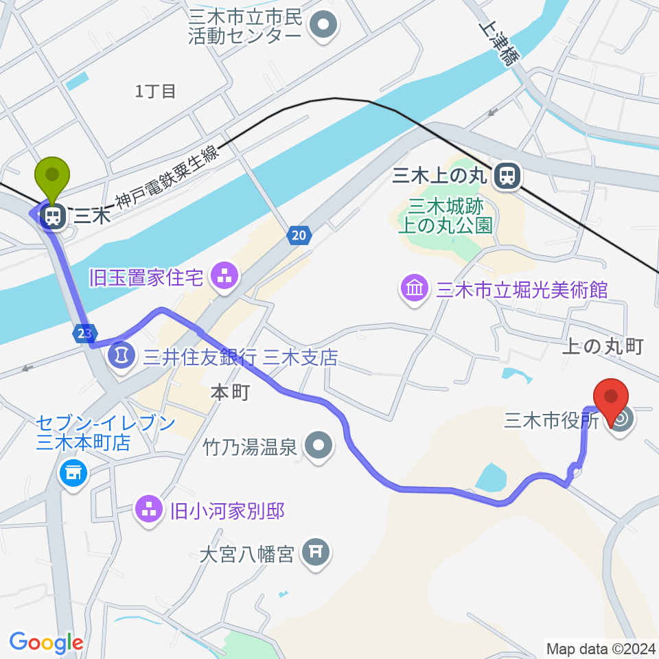 三木駅からエフエムみっきぃへのルートマップ地図