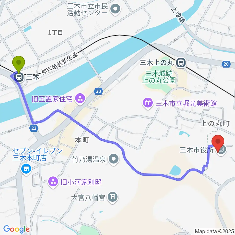 三木駅からエフエムみっきぃへのルートマップ地図