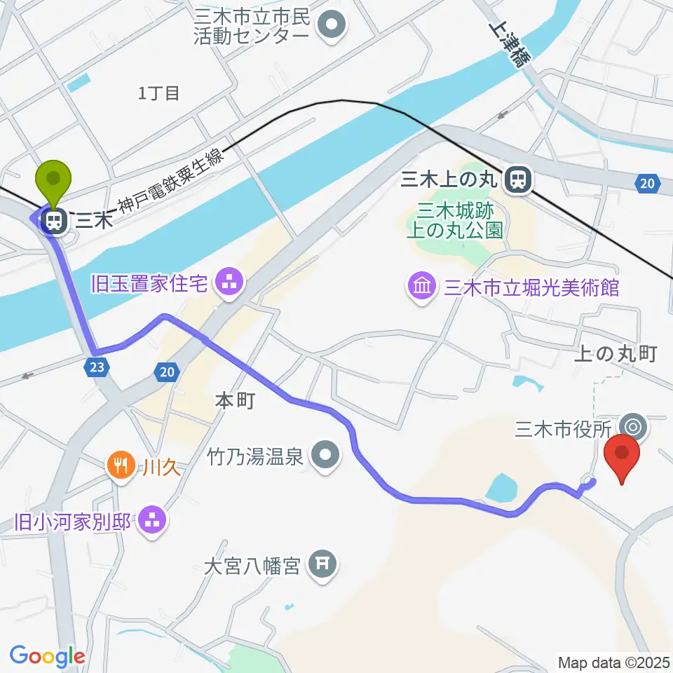 三木駅からエフエムみっきぃへのルートマップ地図