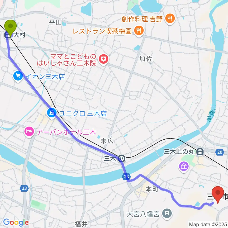 大村駅からエフエムみっきぃへのルートマップ地図