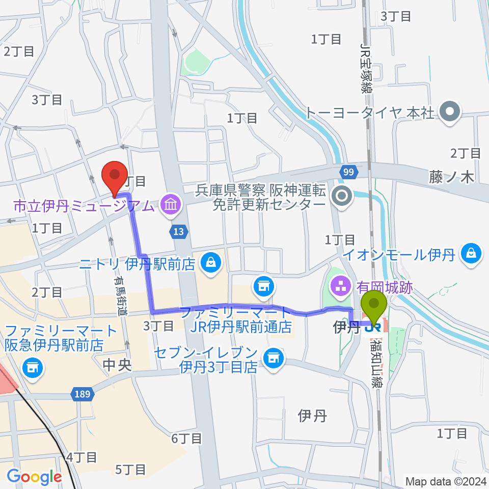 伊丹駅からハッピーエフエムいたみへのルートマップ地図