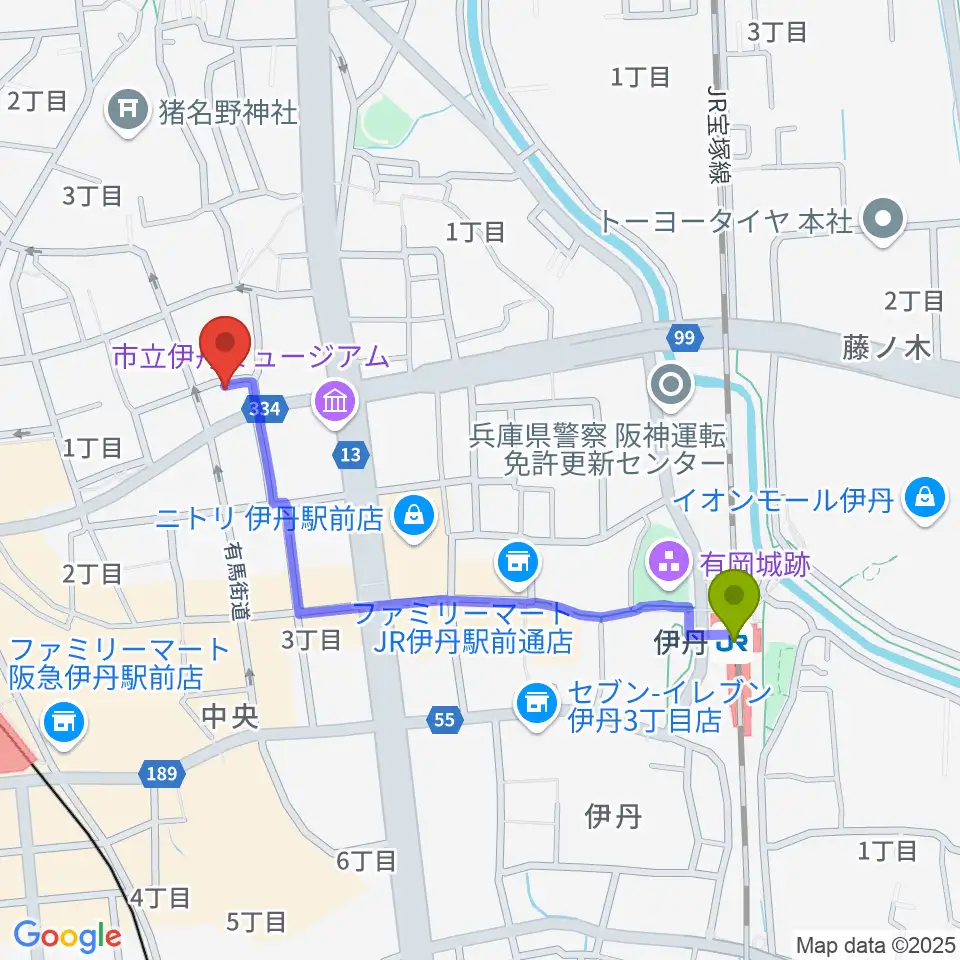 伊丹駅からハッピーエフエムいたみへのルートマップ地図