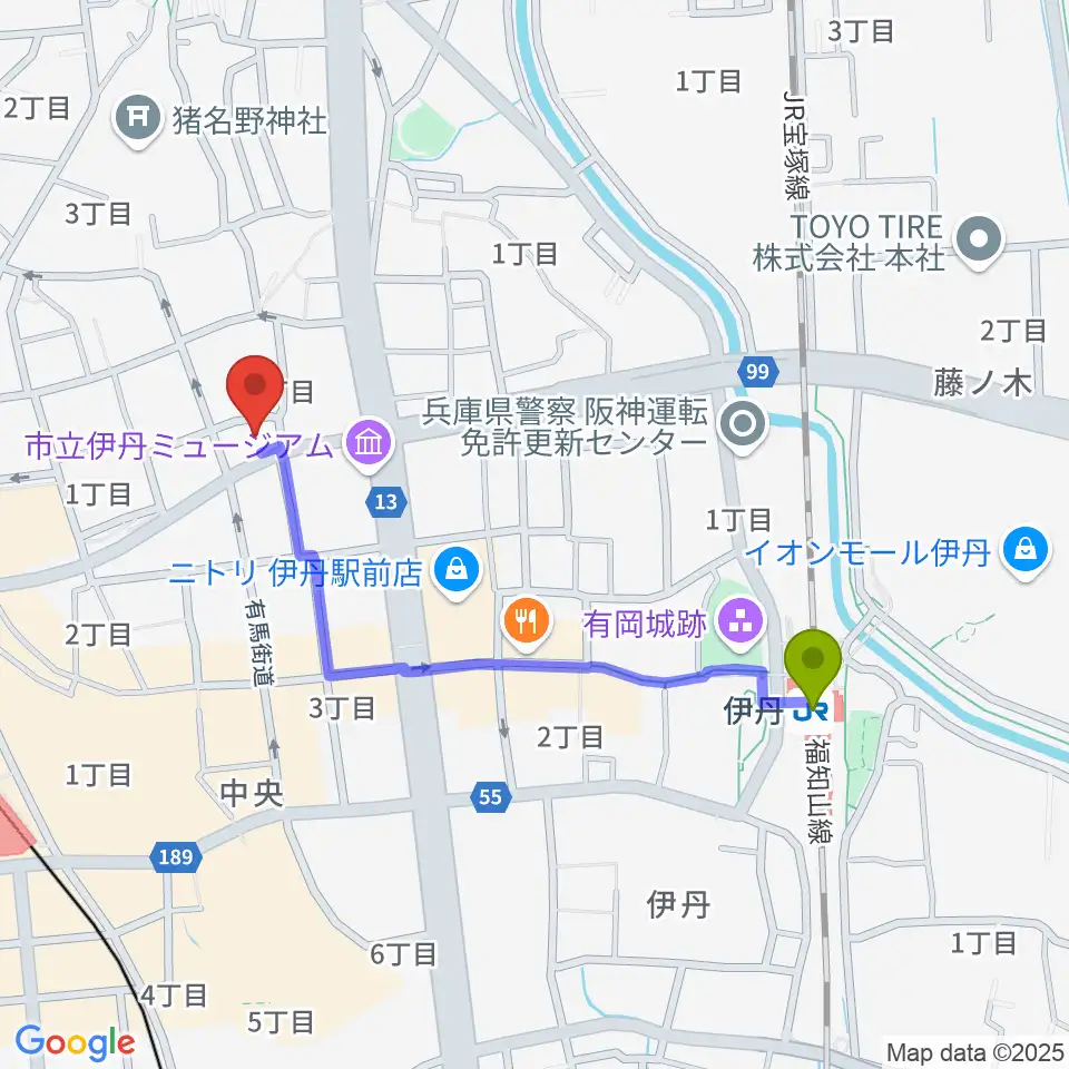 伊丹駅からハッピーエフエムいたみへのルートマップ地図