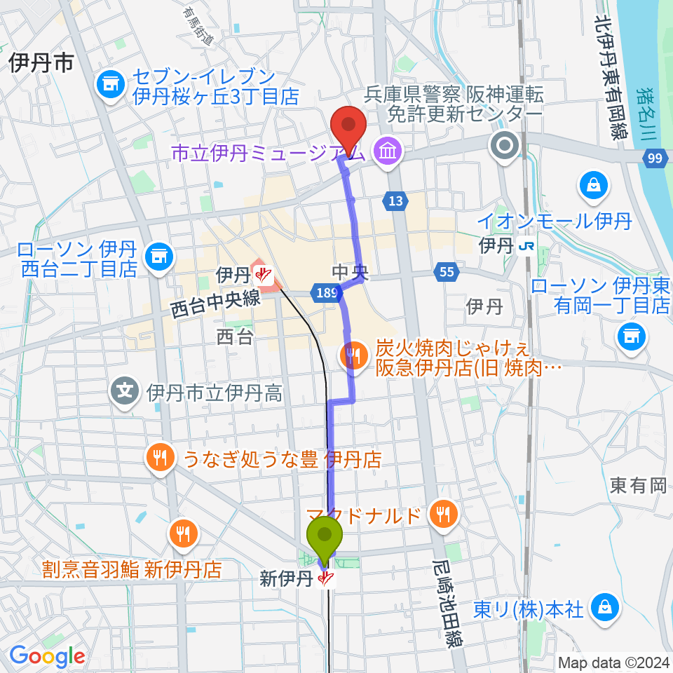 新伊丹駅からハッピーエフエムいたみへのルートマップ地図