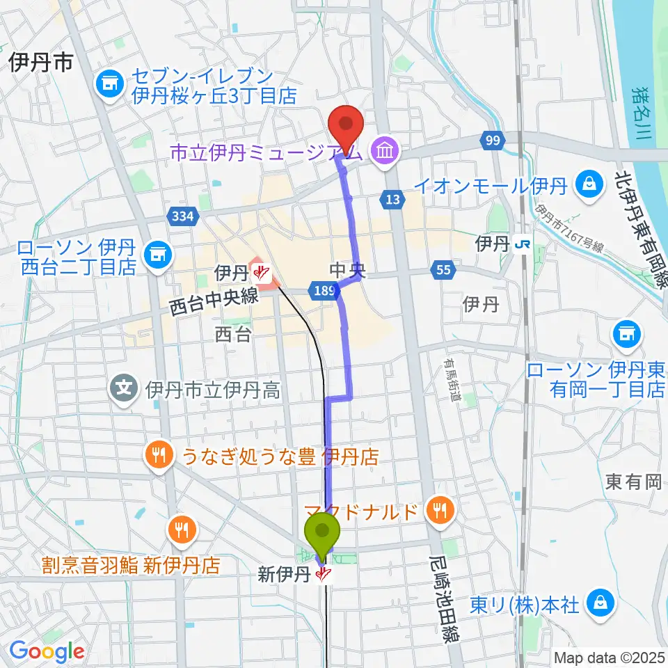 新伊丹駅からハッピーエフエムいたみへのルートマップ地図