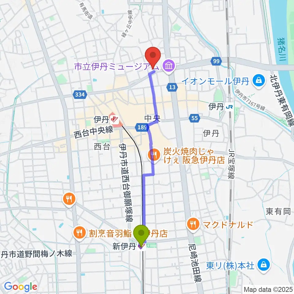 新伊丹駅からハッピーエフエムいたみへのルートマップ地図