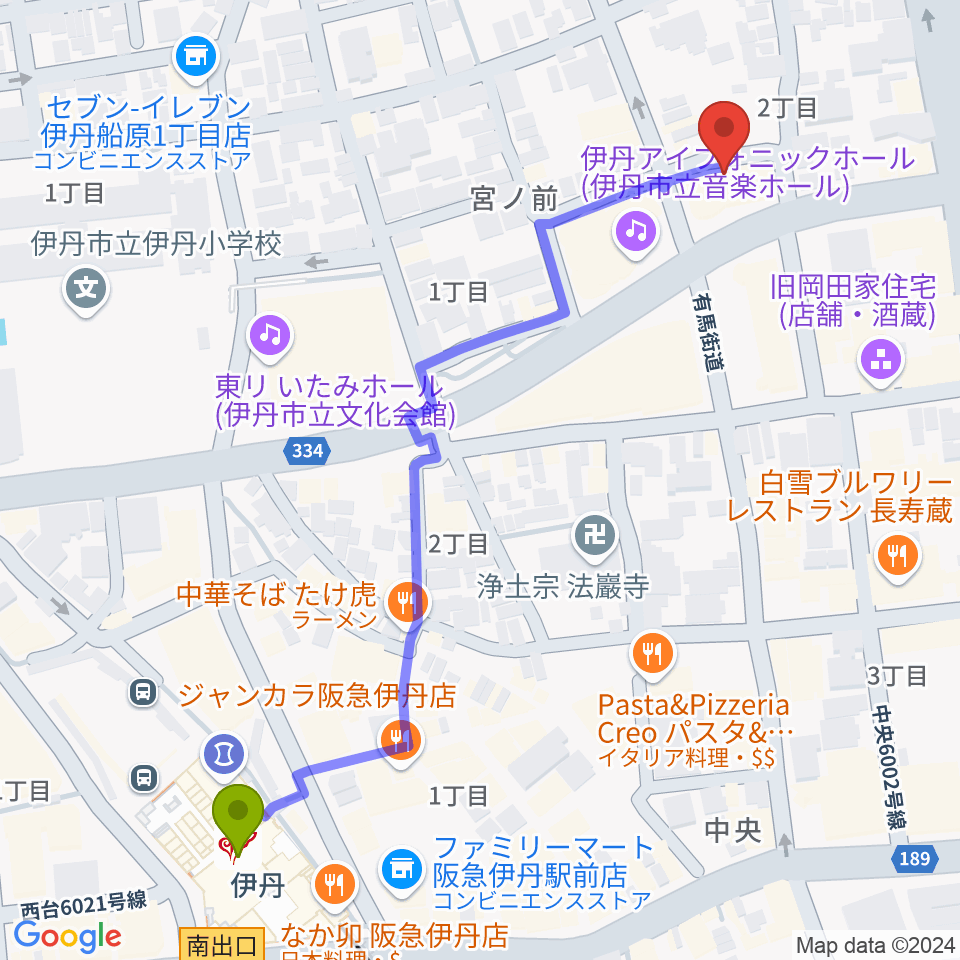 ハッピーエフエムいたみの最寄駅伊丹駅からの徒歩ルート（約7分）地図