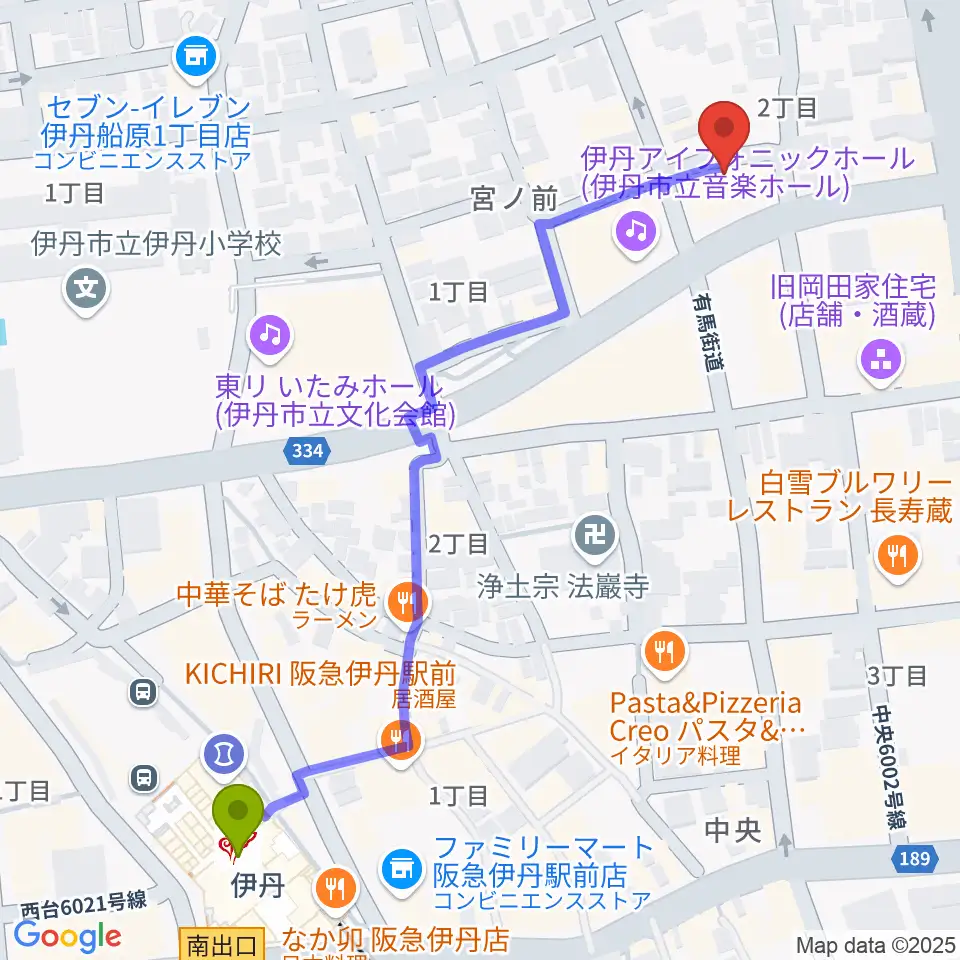 ハッピーエフエムいたみの最寄駅伊丹駅からの徒歩ルート（約7分）地図