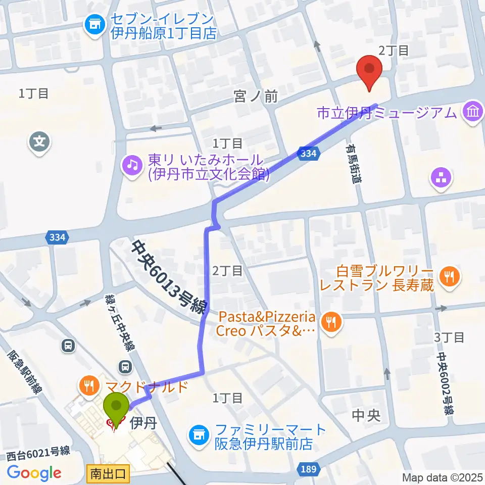 ハッピーエフエムいたみの最寄駅伊丹駅からの徒歩ルート（約7分）地図