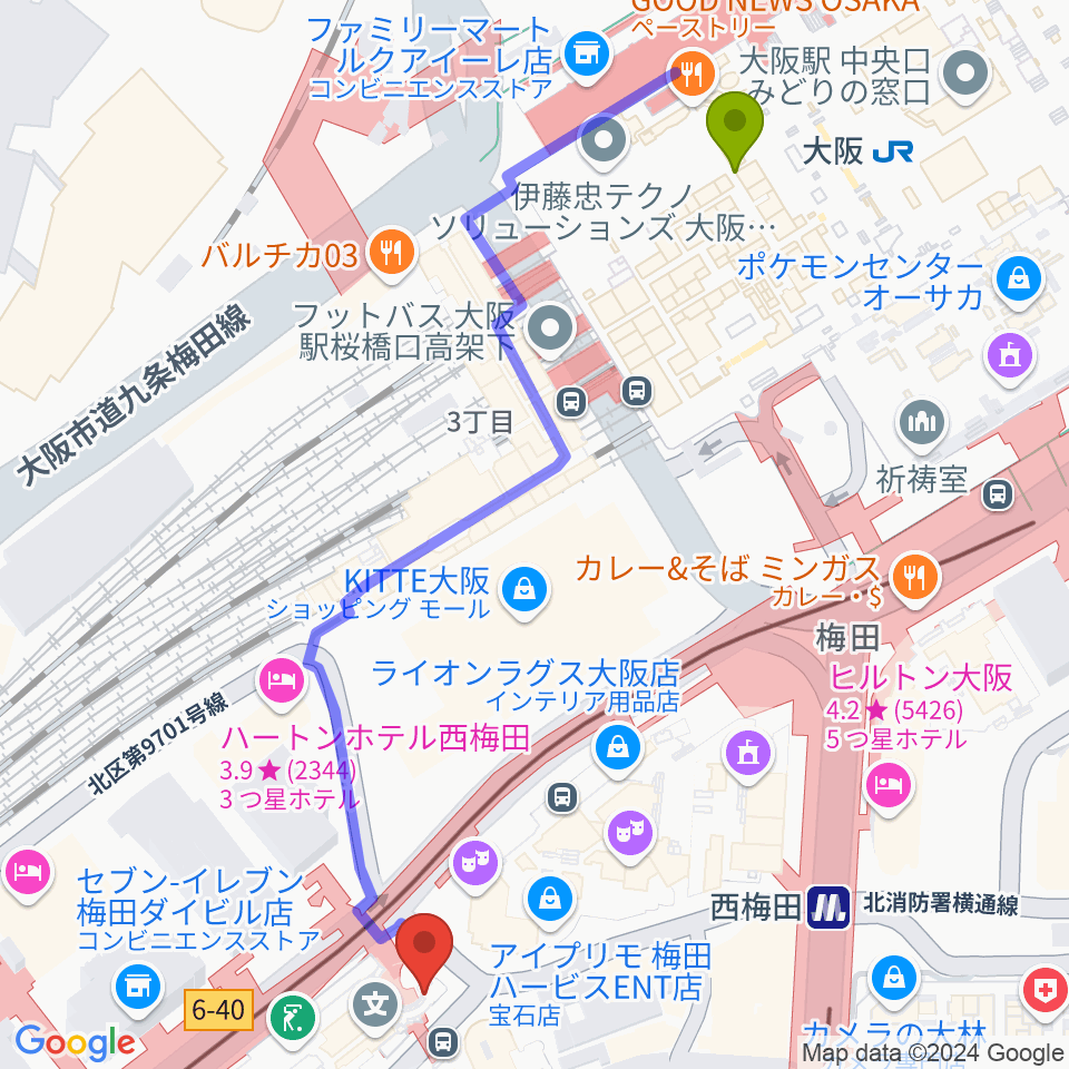 ウメダFM Be Happy!789の最寄駅大阪駅からの徒歩ルート（約6分）地図