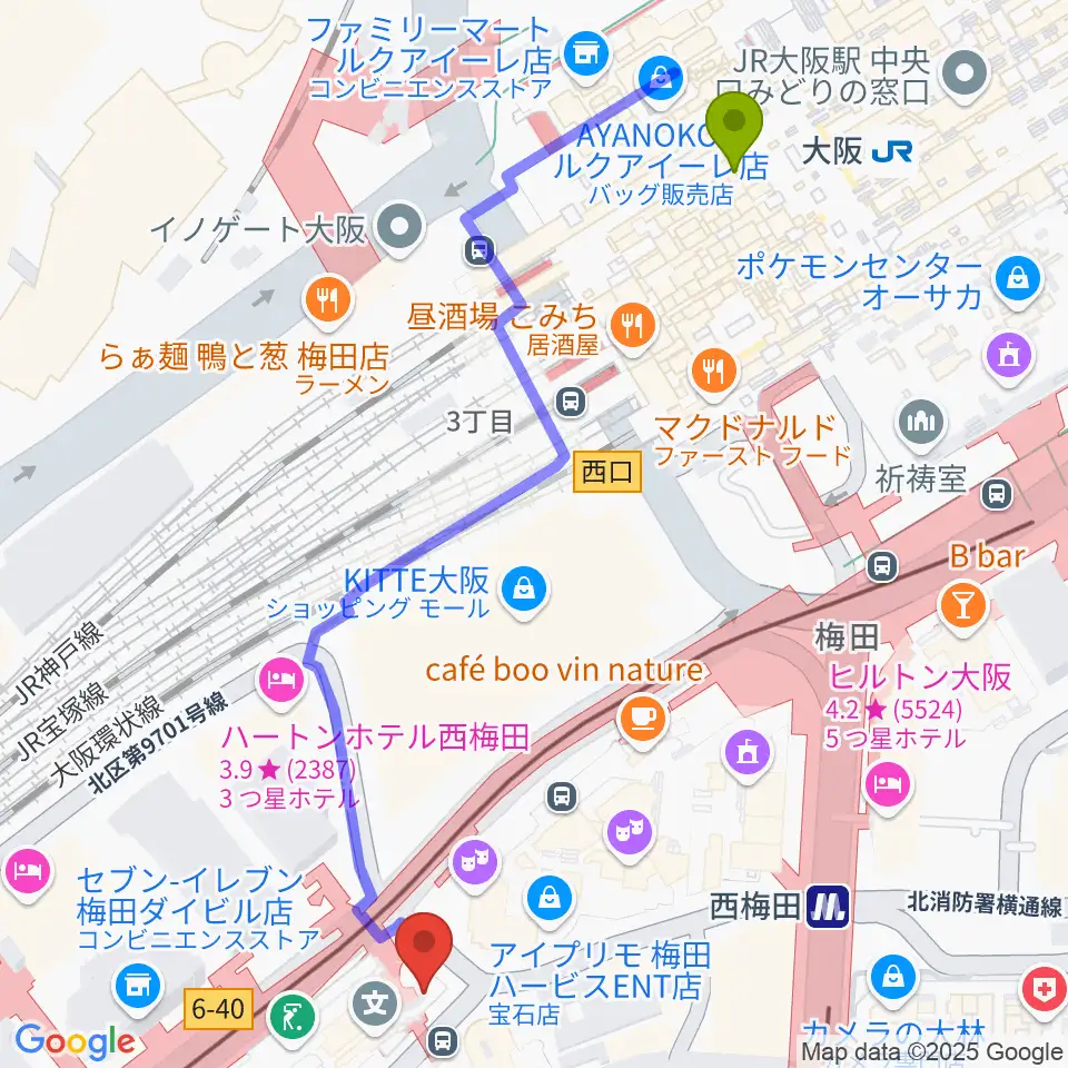 ウメダFM Be Happy!789の最寄駅大阪駅からの徒歩ルート（約6分）地図