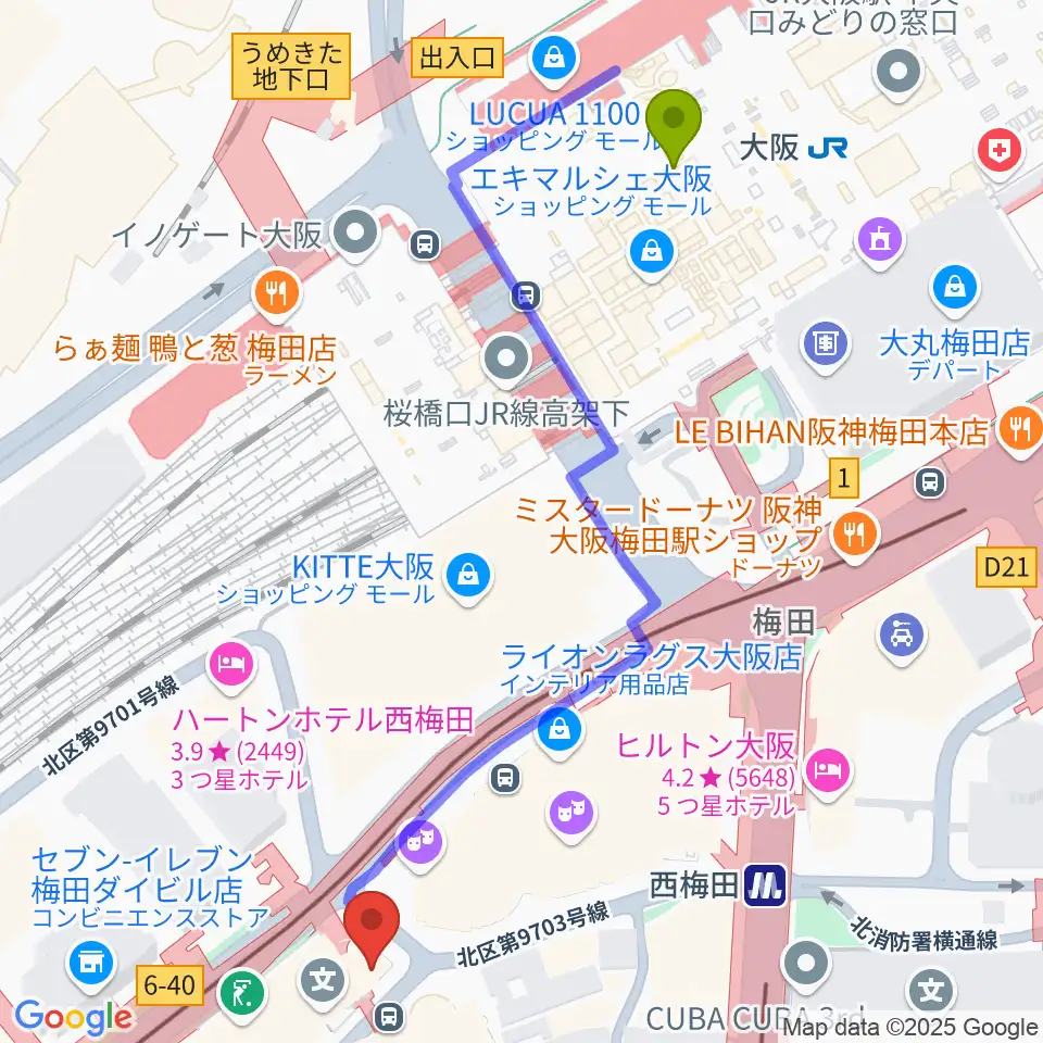 ウメダFM Be Happy!789の最寄駅大阪駅からの徒歩ルート（約6分）地図