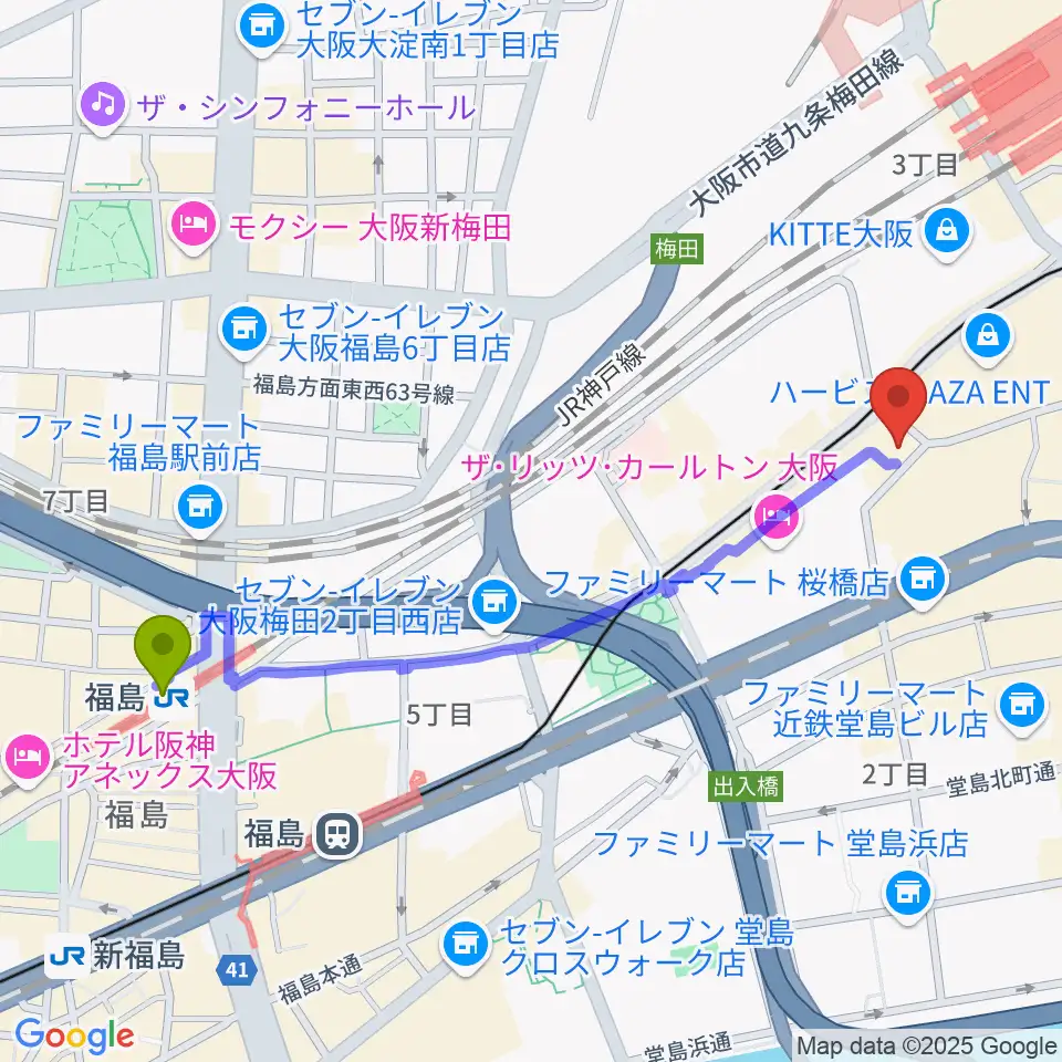 福島駅からウメダFM Be Happy!789へのルートマップ地図