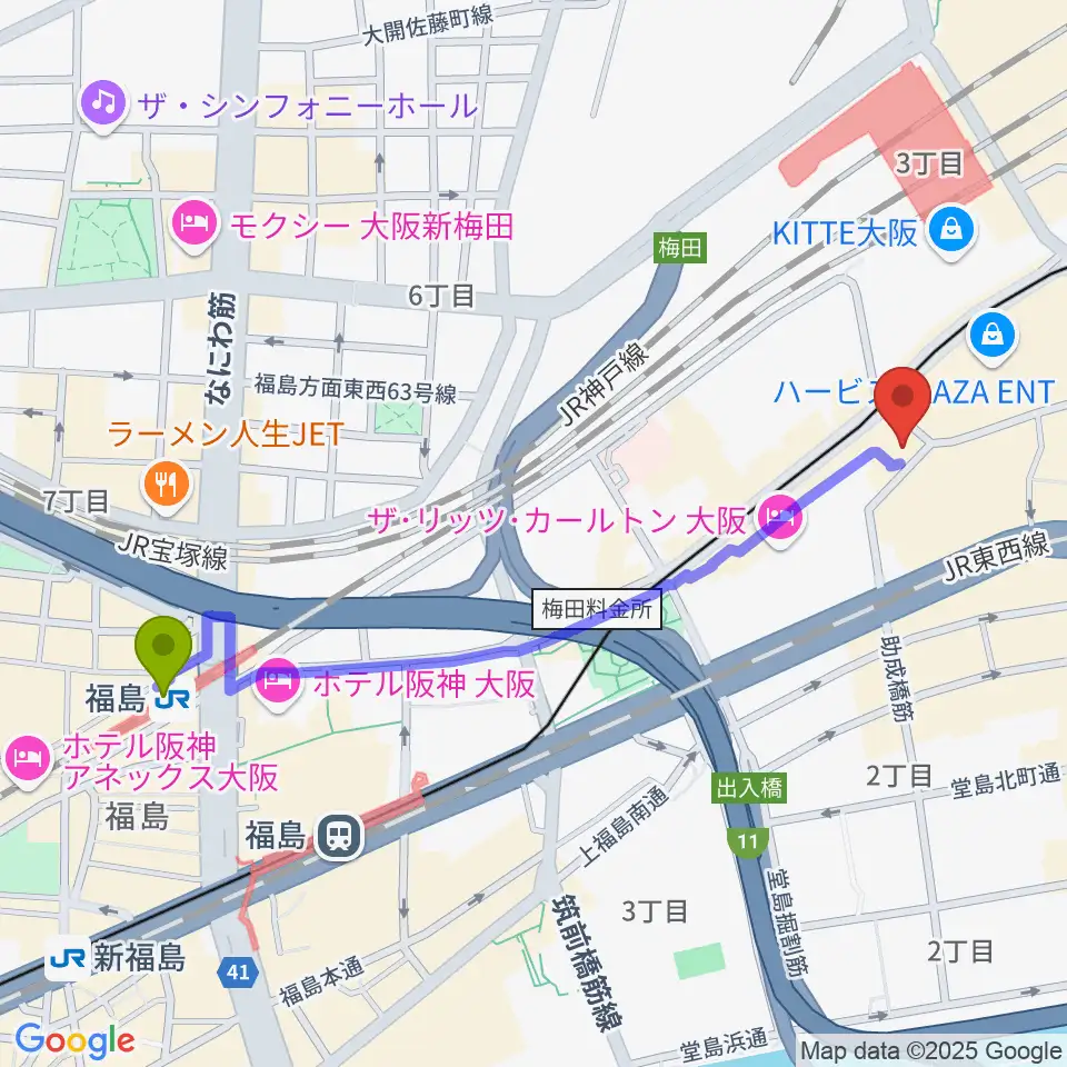 福島駅からウメダFM Be Happy!789へのルートマップ地図