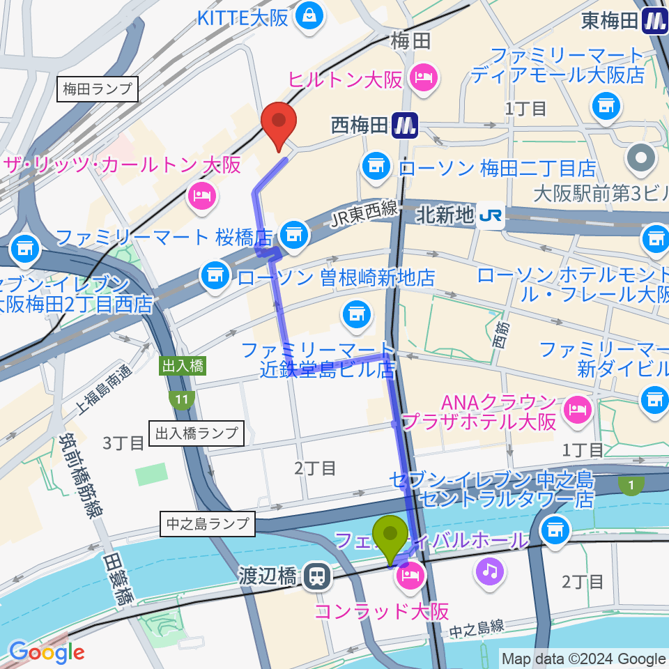 渡辺橋駅からウメダFM Be Happy!789へのルートマップ地図