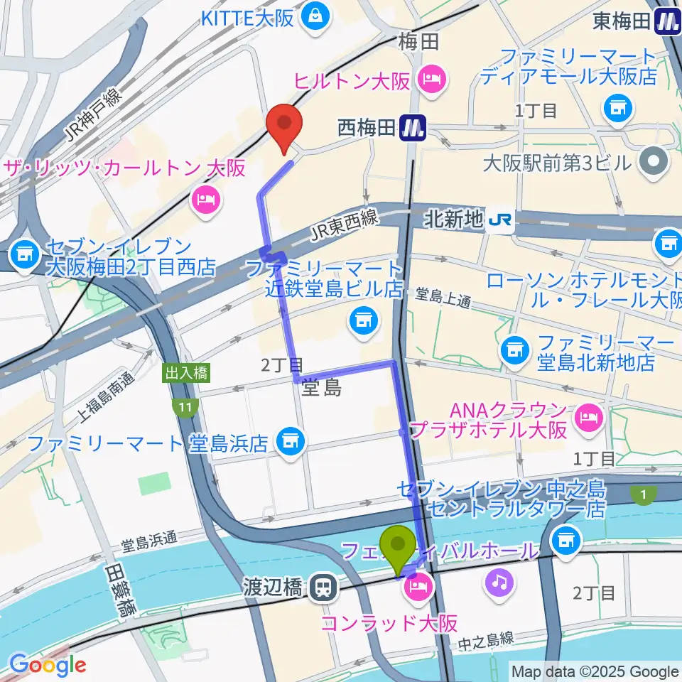 渡辺橋駅からウメダFM Be Happy!789へのルートマップ地図