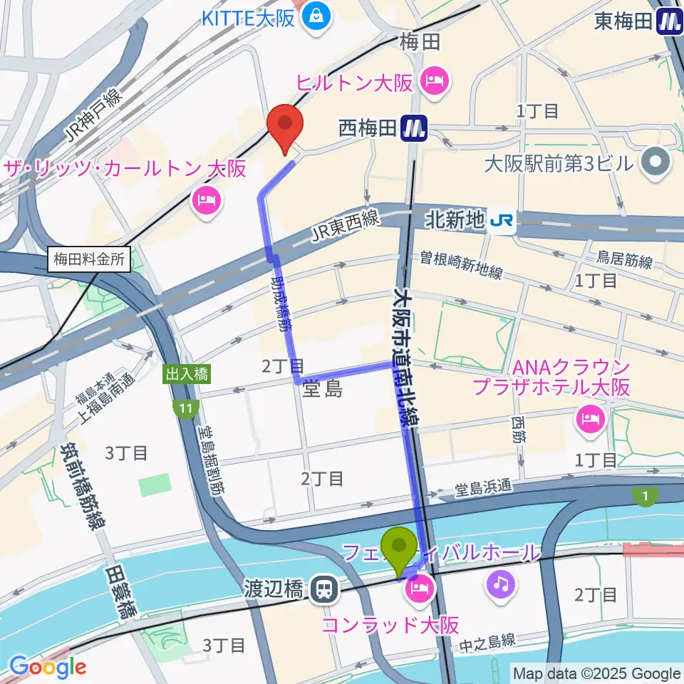 渡辺橋駅からウメダFM Be Happy!789へのルートマップ地図