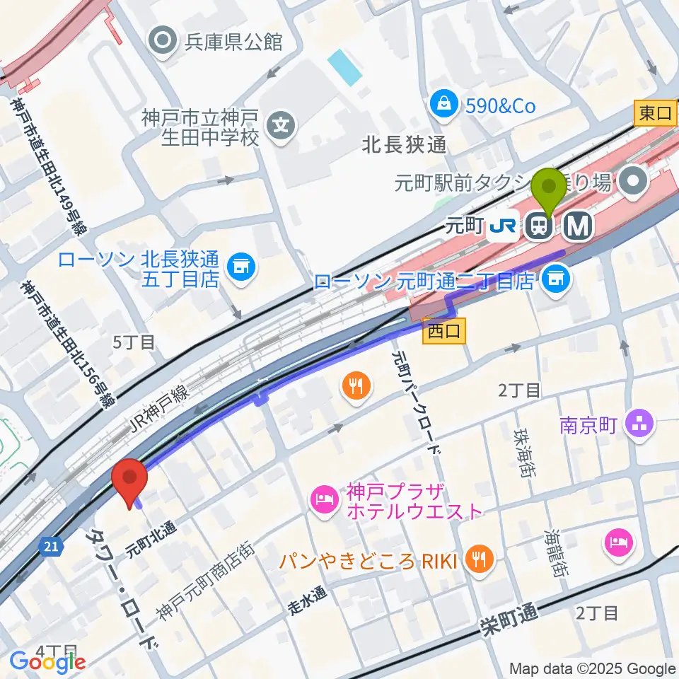 元町駅からFM MOOVへのルートマップ地図