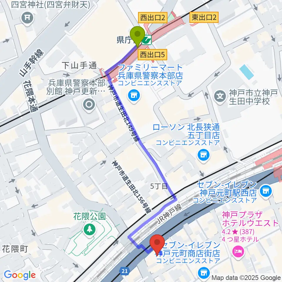 県庁前駅からFM MOOVへのルートマップ地図