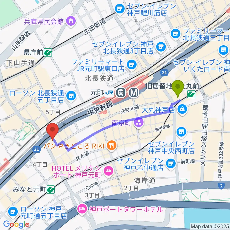 旧居留地・大丸前駅からFM MOOVへのルートマップ地図