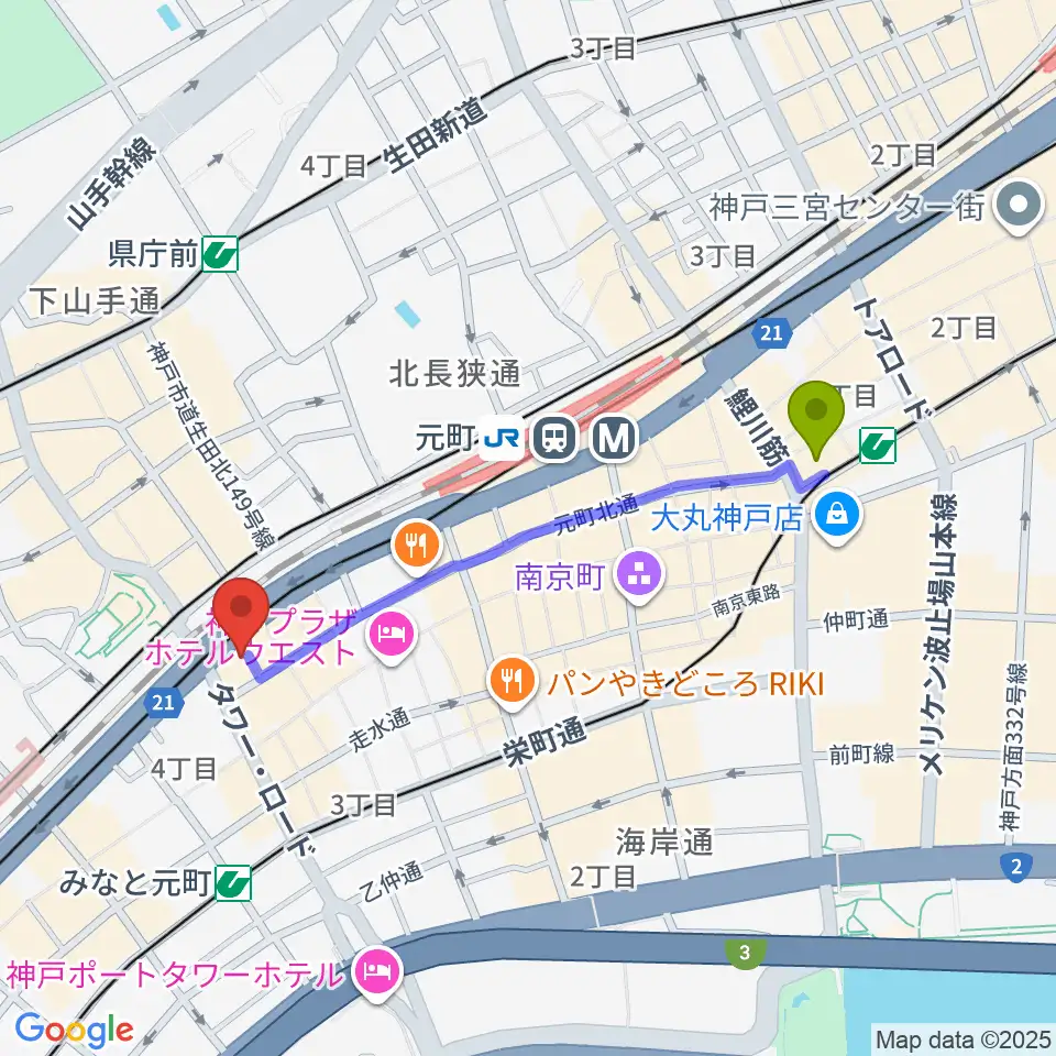 旧居留地・大丸前駅からFM MOOVへのルートマップ地図