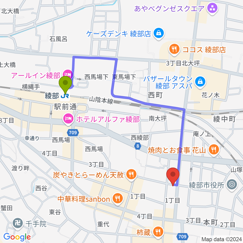 FMいかるの最寄駅綾部駅からの徒歩ルート（約9分）地図