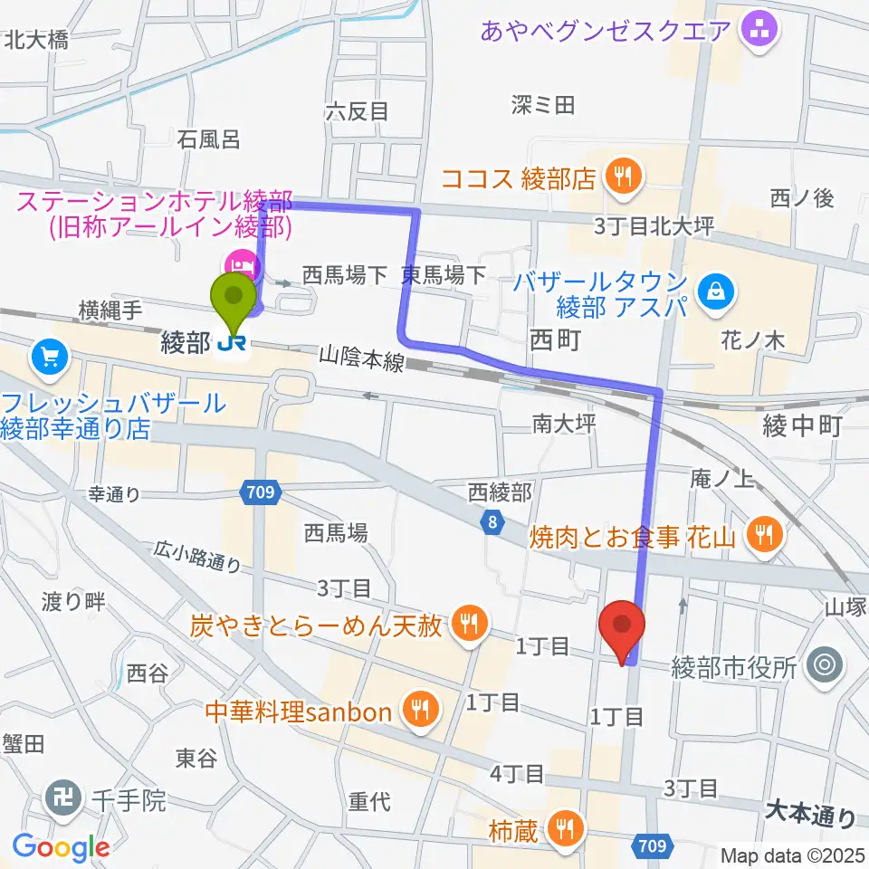 FMいかるの最寄駅綾部駅からの徒歩ルート（約9分）地図