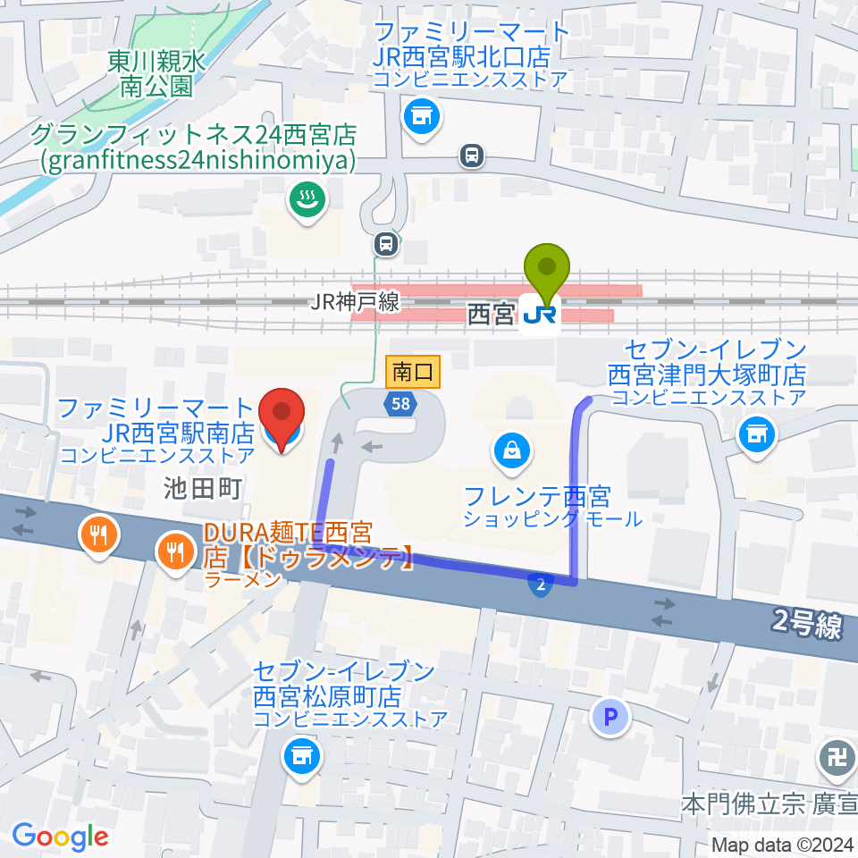 さくらFMの最寄駅西宮駅からの徒歩ルート（約3分）地図