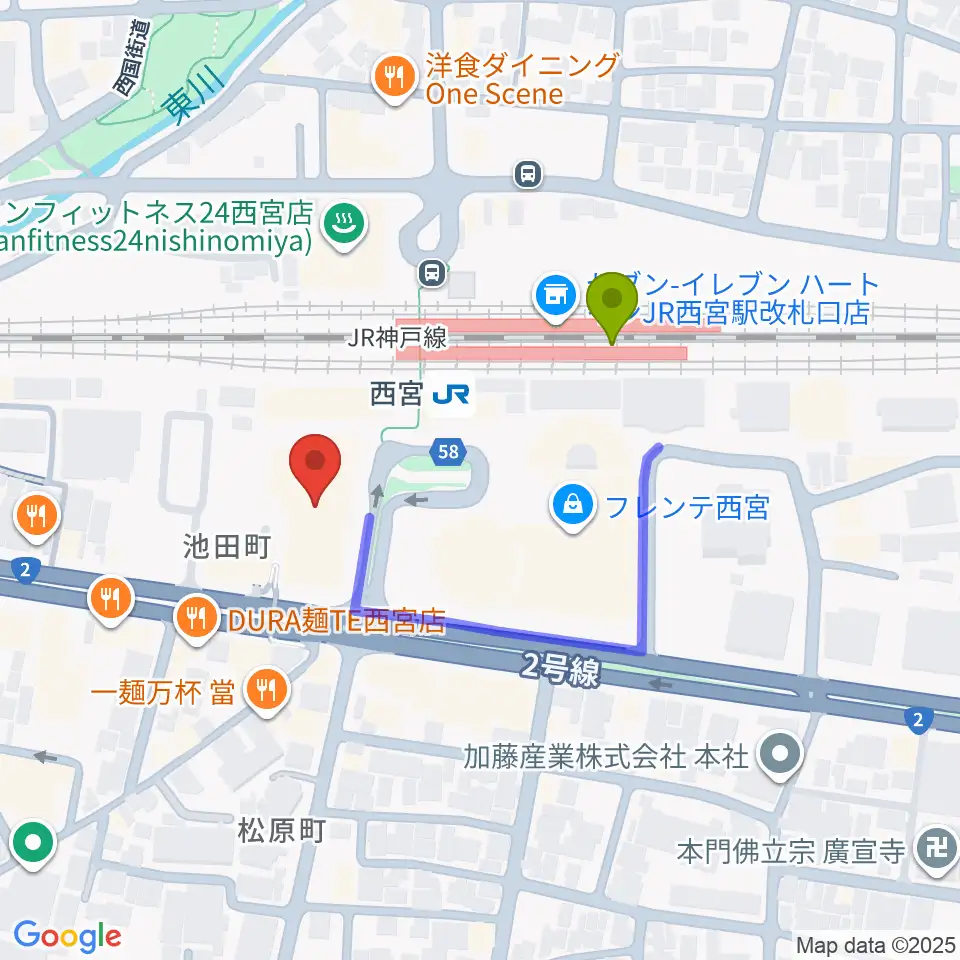 さくらFMの最寄駅西宮駅からの徒歩ルート（約3分）地図