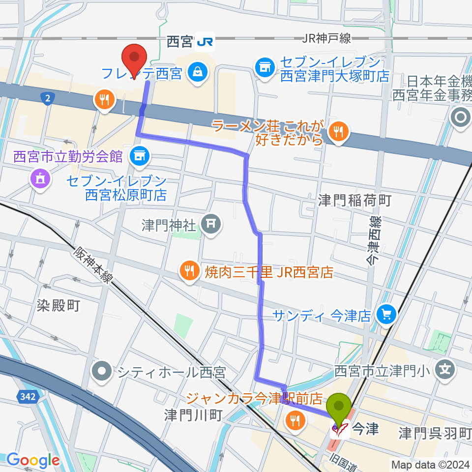 今津駅からさくらFMへのルートマップ地図