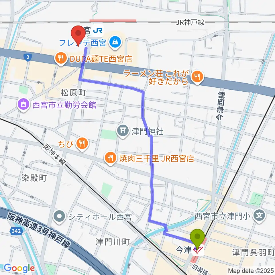 今津駅からさくらFMへのルートマップ地図