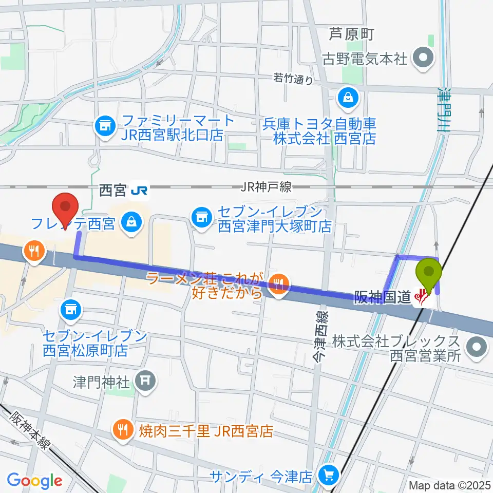 阪神国道駅からさくらFMへのルートマップ地図