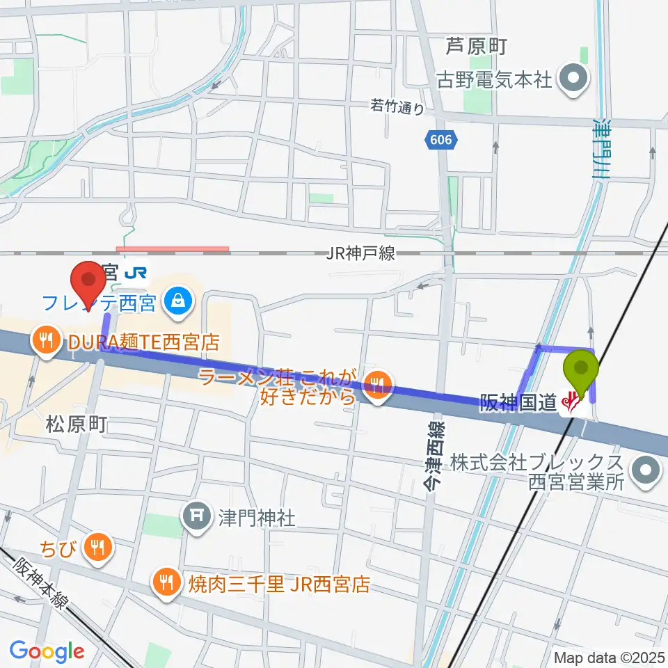 阪神国道駅からさくらFMへのルートマップ地図